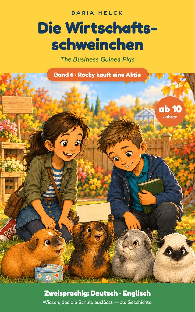 Cover: Die Wirtschaftsschweinchen Band 6, Rocky kauft eine Aktie. Kinderbuch über Aktien, Börse und Mitbesitz ab 10 Jahren